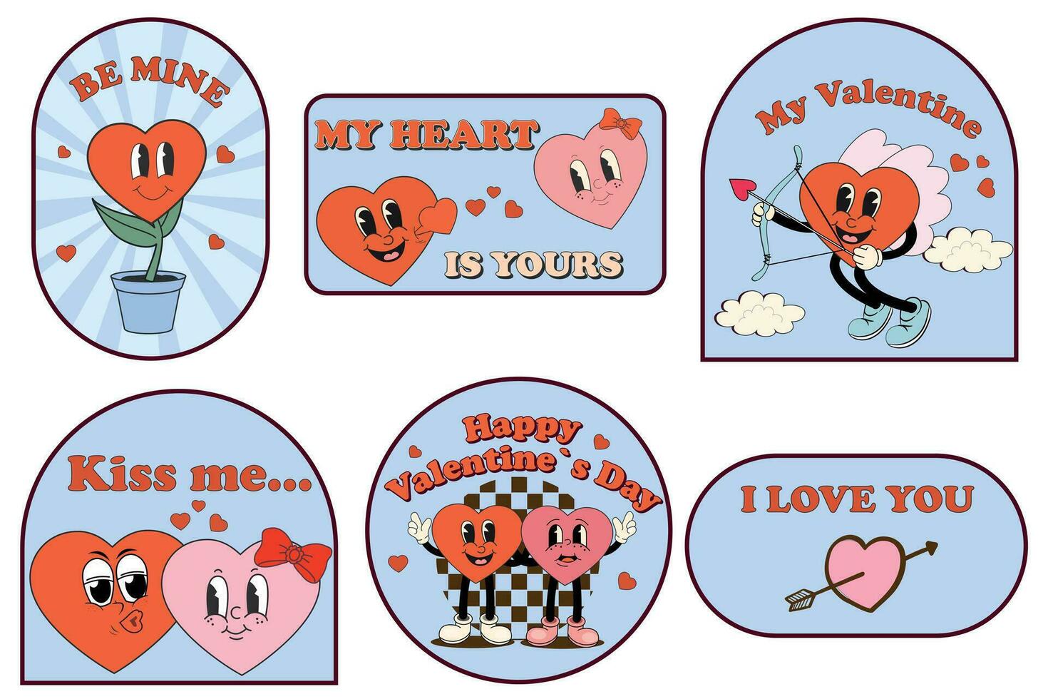 Set groovy lovely hearts stickers. Love concept. Happy Valentines day. Funky happy heart character in trendy retro 60s 70s cartoon style. Vector illustration.