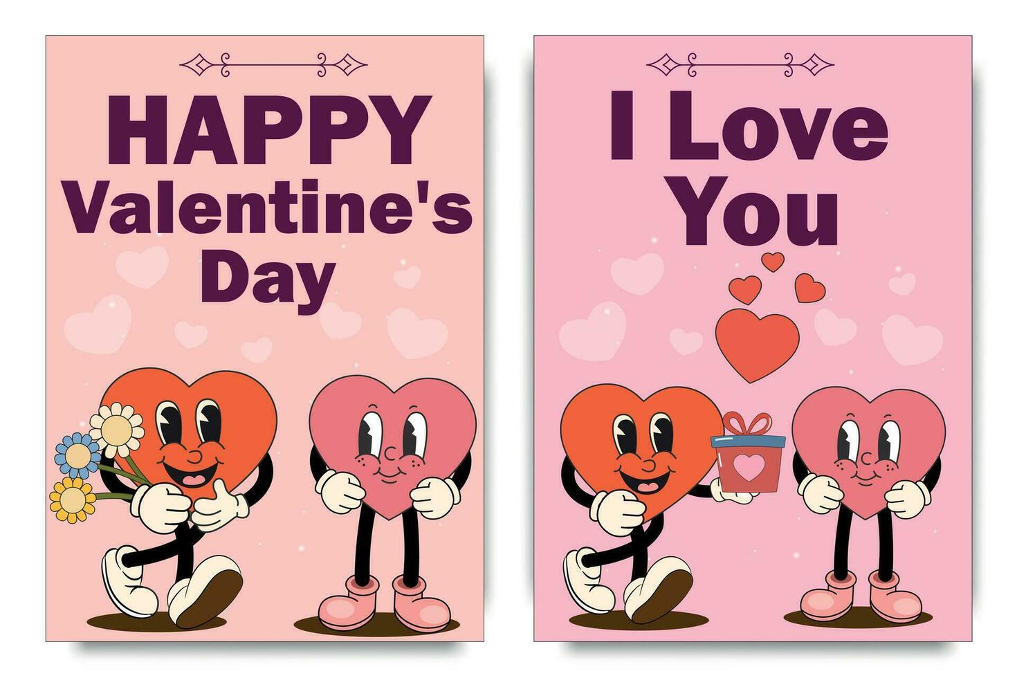 retro maravilloso encantador corazones carteles amor concepto. contento san valentin día saludo tarjeta. miedoso antecedentes en de moda retro 60s 70s dibujos animados estilo. vector ilustración