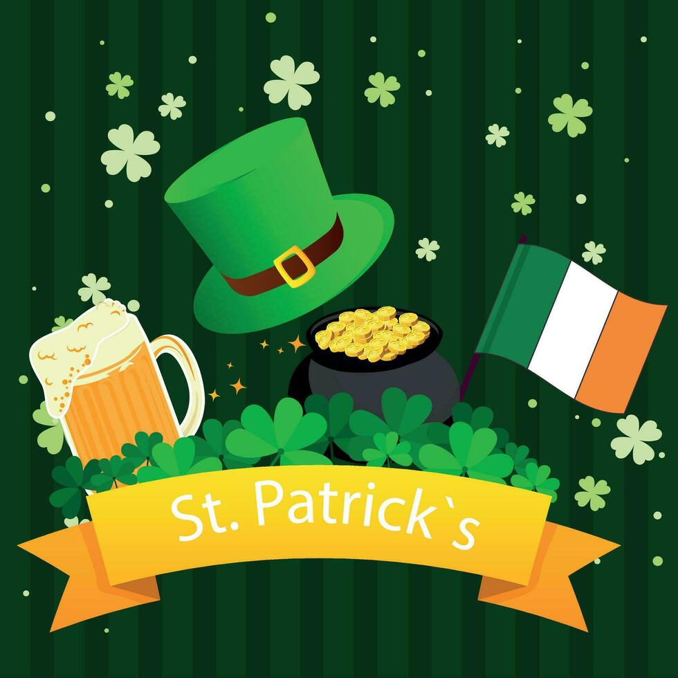 St. Patricks Day. St. Patricks day leprechaun hat, beer glasses and pot of gold festive treasures,Irish flag. Ireland holiday vector