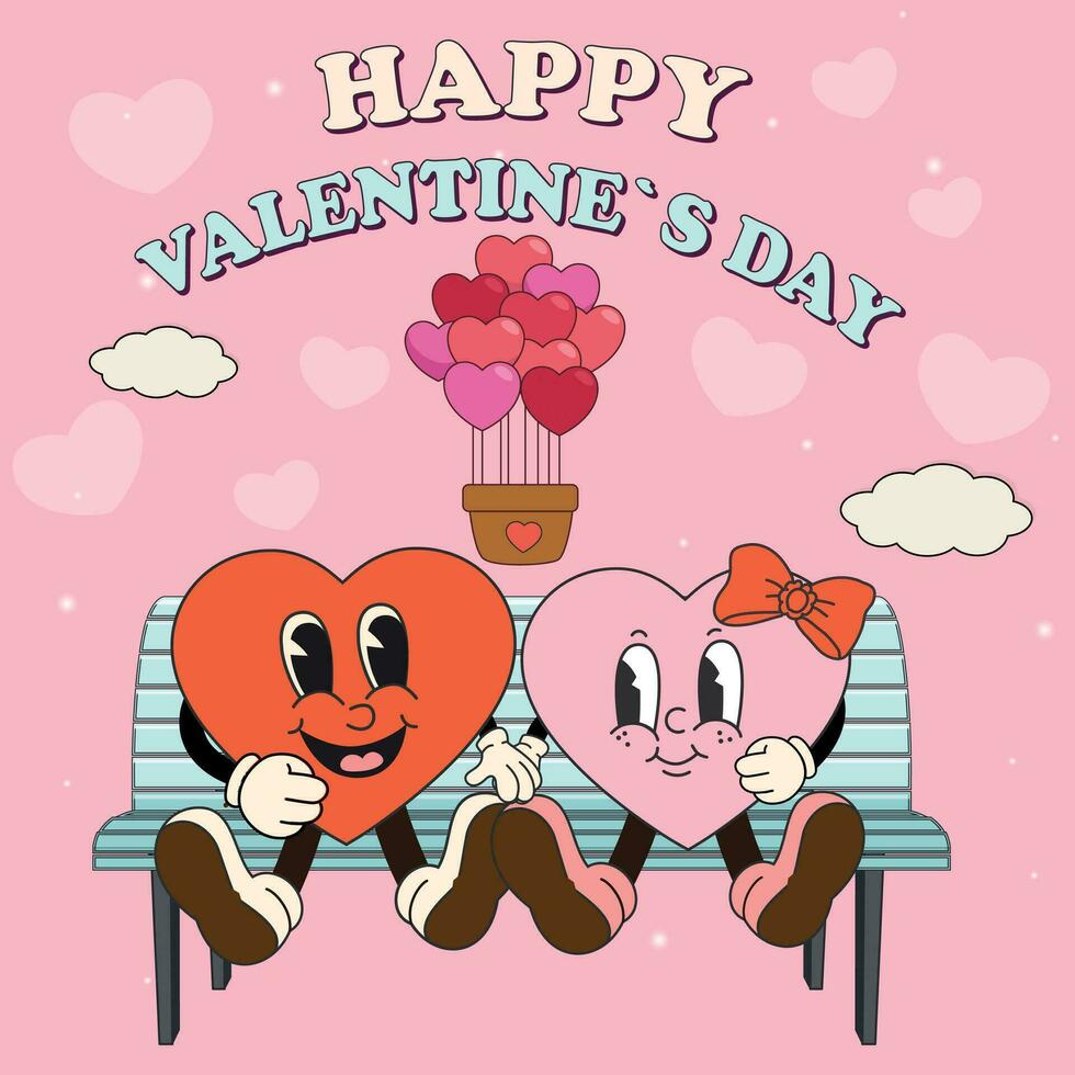 Groovy character lovely hearts. Love concept. Happy Valentines day. Valentines day. Funky happy heart character in trendy retro 60s 70s cartoon style. For poster, card, print. vector