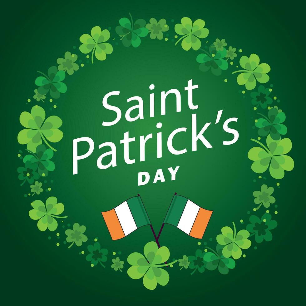 Saint Patrick's Day. Falling Clovers and Typography Letter on Green Background. Irish St. Patricks Lucky Celebration Vector Design for Flyer, Greeting Card, Web Banner, Holiday Poster