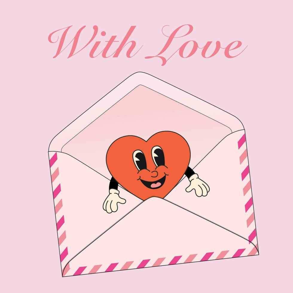 Template of an Valentine envelope with heart character. Love letter in retro hippie style. The concept of love and Valentine's day. vector