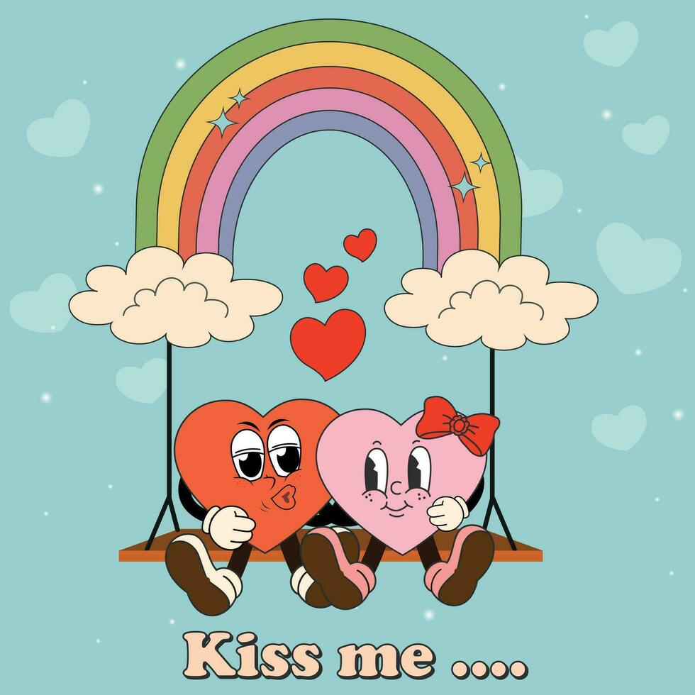 Groovy character cute hearts on a rainbow. Concept of love.Kiss me. Happy Valentine's Day. Valentine's Day. A cool character with a happy heart in a trendy retro style of the 70s. vector