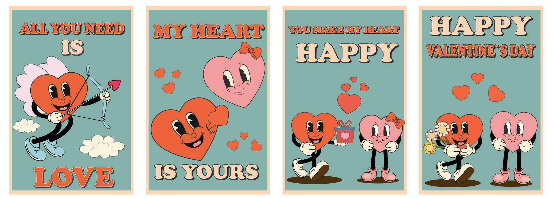 Set retro groovy poster with heart. Love concept. Happy Valentines Day. Trendy retro 60s 70s cartoon style. Card, postcard, print. vector