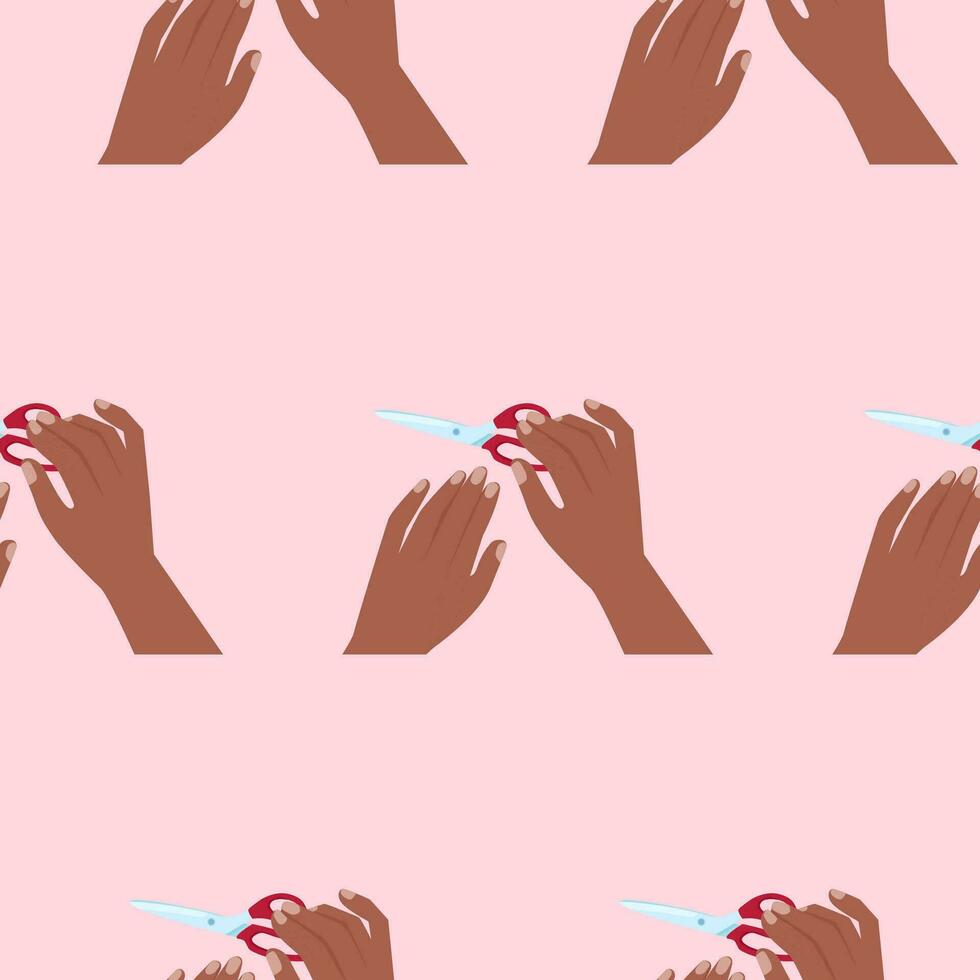 Two female dark-skinned hands sew seamless pattern vector