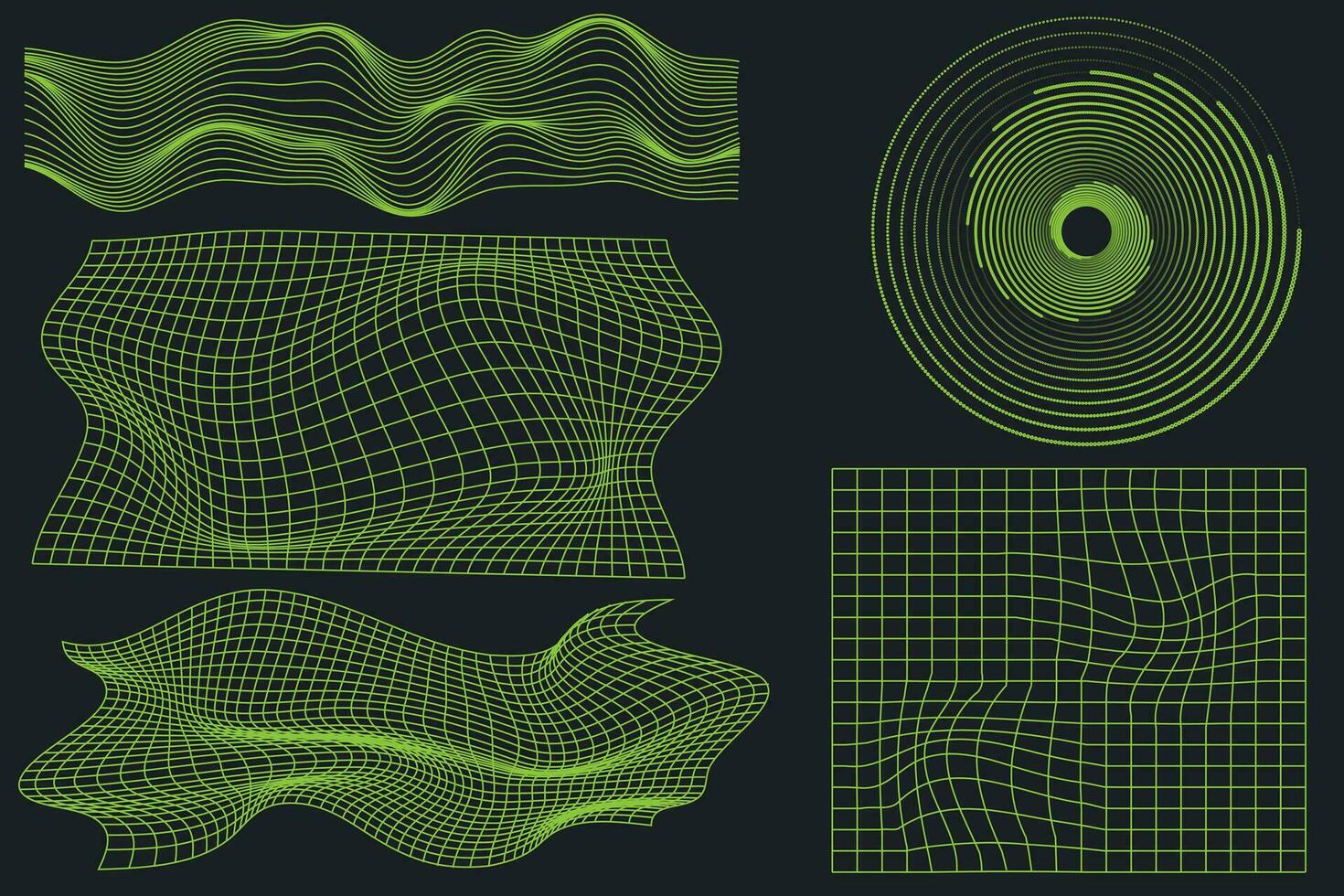 Rave psychedelic retro futuristic set. Surreal geometric shapes, abstract backgrounds and patterns, wireframe, cyberpunk elements and perspective grids. Vector for social networks or posters