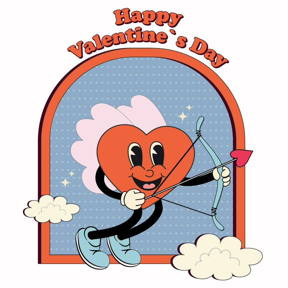 Retro groovy cartoon lovely heart character Valentines Day. Heart cupid with bow and arrow. For poster, card, print, and itc. Trendy retro 60s 70s style. vector