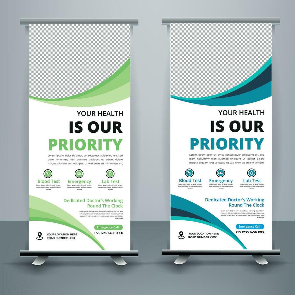 Medical Roll up banner stand template design With Set of templates. vector