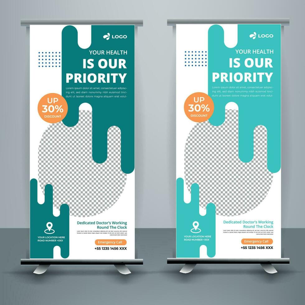 Medical Roll up banner stand template design With Set of templates. vector