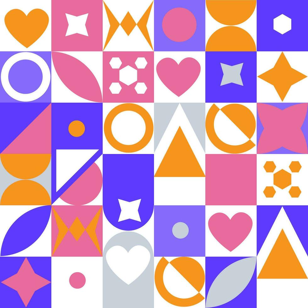 Seamless pattern with abstract geometric shapes on a background of multicolored squares. Vector graphics.