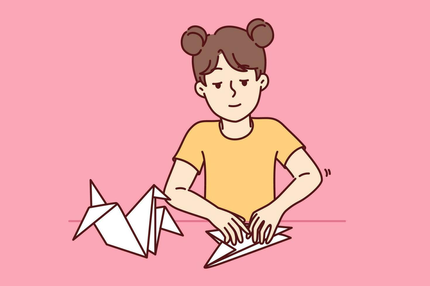 Little girl makes origami bird by folding paper animals and developing own creativity. Child is engaged in origami art, preparing fake for school exhibition and dreaming of becoming sculptor vector