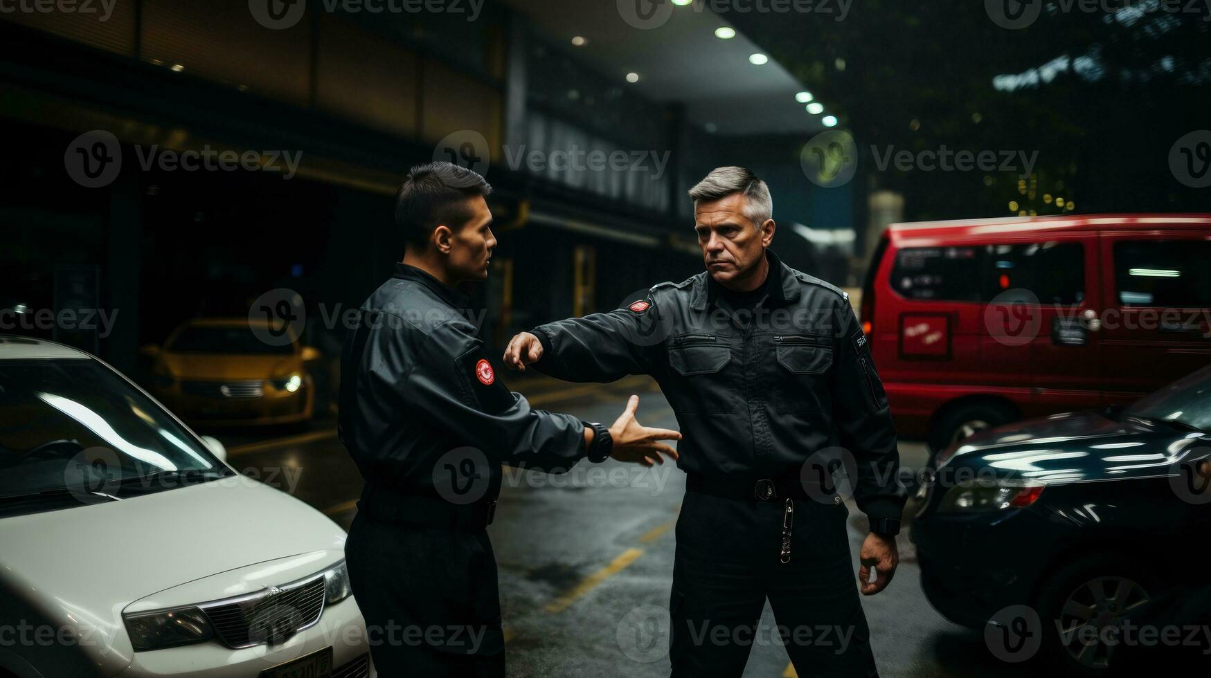 An argument between two guards male security guard in black uniform standing in front of a car at night parking. photo