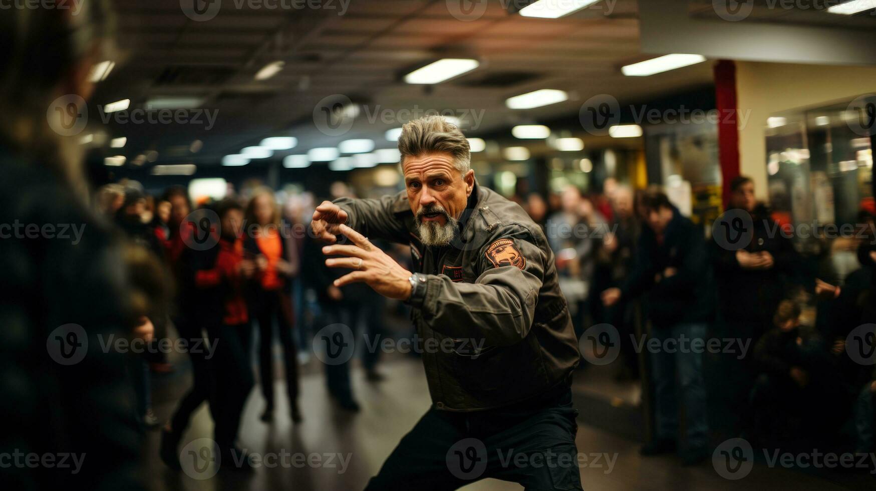 Martial arts instructors demonstrate self defense techniques in office. photo