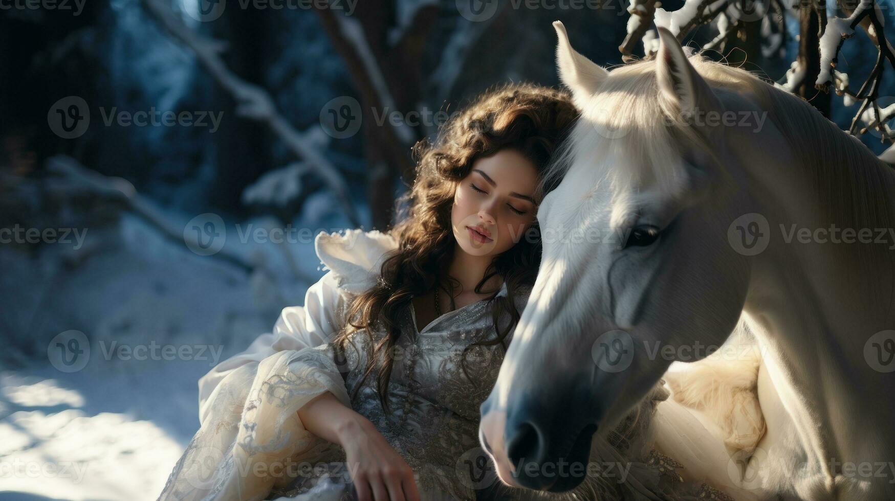Fantasy fair princess girl in dress with a white horse in the winter forest. photo