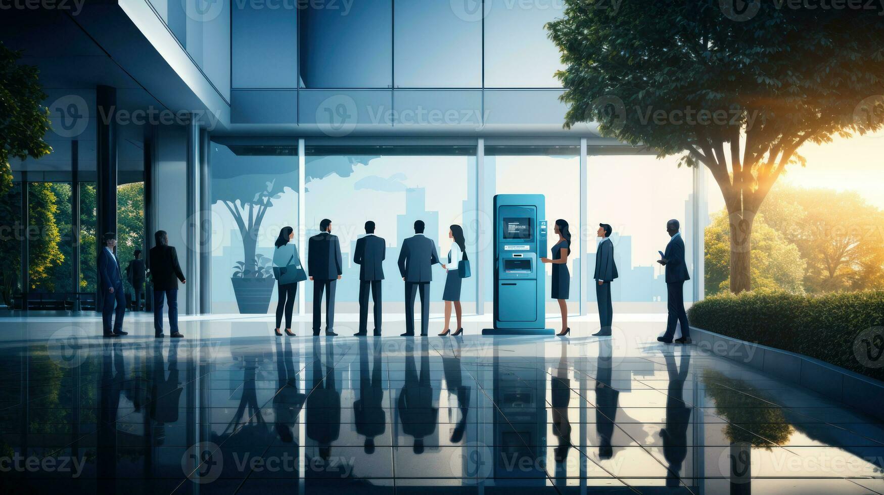 Business people standing in front of ATM machine in office. 3d rendering photo