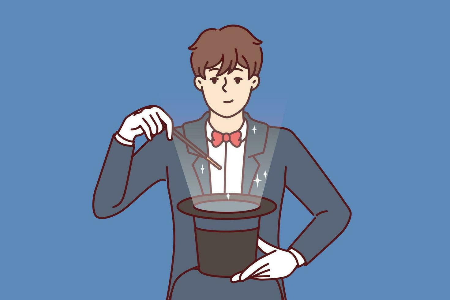 Man magician is holding hat and magic wand, perfoming in front of magic show audience. Guy in tuxedo wizard or illusionist demonstrating amazing tricks and getting ready to get rabbit out of cylinder vector