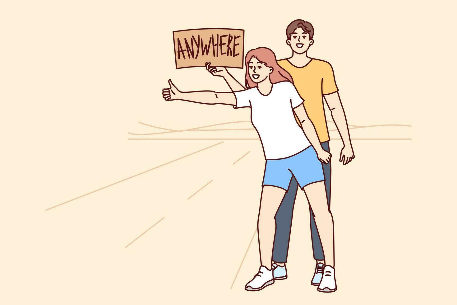 Man and woman hitchhike and catch car standing at road, holding inscription anywhere in hands. Carefree couple went on hitchhike trips, in search of adventure and new positive emotions. vector