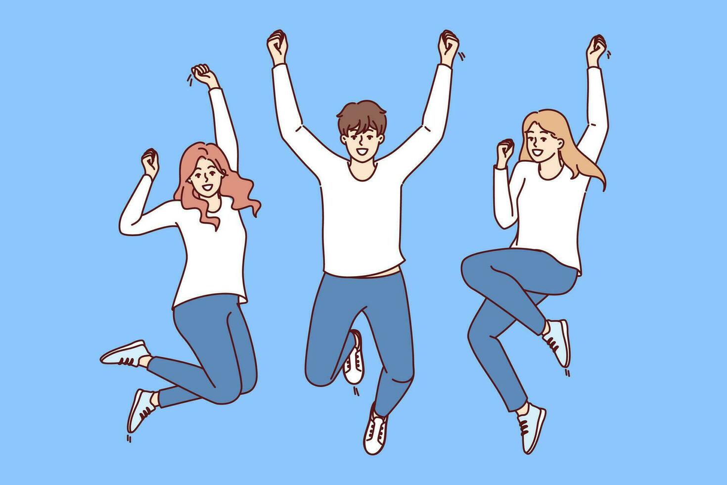 Happy people jump for joy and raise hands in victory, rejoicing at success in career or education. Cheerful man and women in casual clothes jumping and smiling at same time looking at screen vector