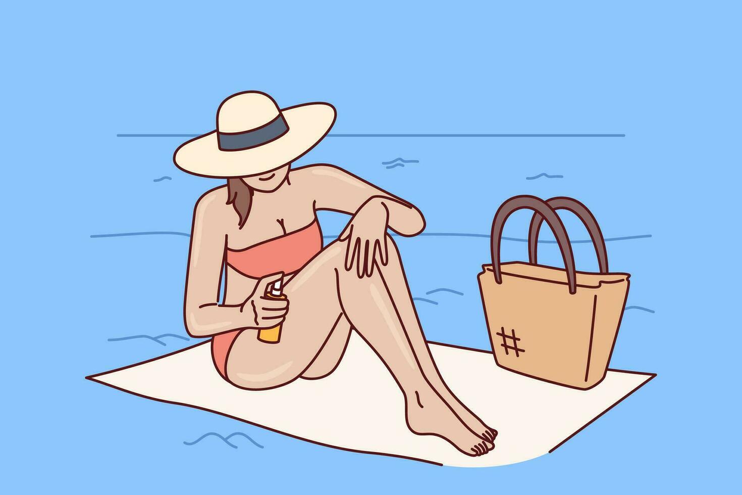 Woman applies sunscreen to protect herself from sun, relaxing on sea beach of tropical resort. Girl tourist uses sunscreen and counters ultraviolet rays, sitting on towel in hat and bikini vector