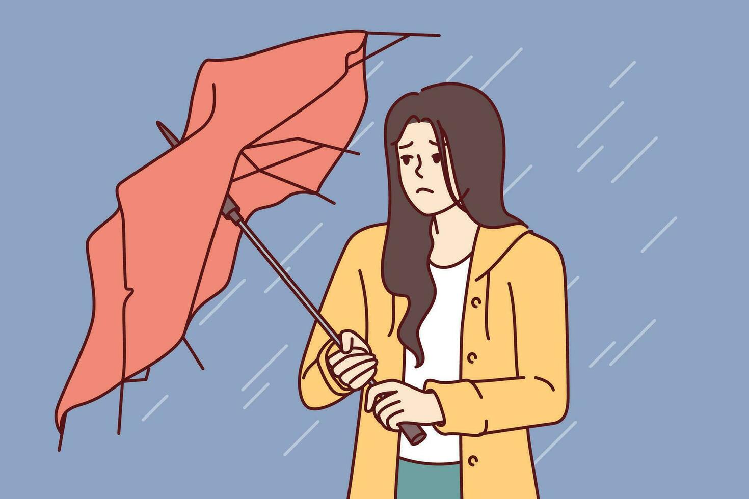 Wet woman stands with broken umbrella in heavy rain, and is sad because of cold and strong wind. Upset girl walking down street during storm and autumn rain needs waterproof clothes vector