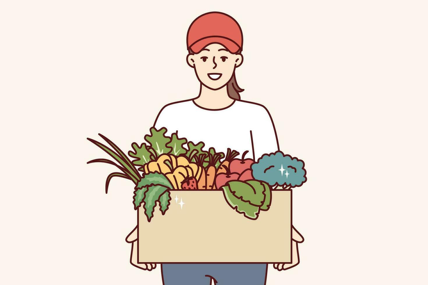 Woman farmer holds box of vegetables and fruits, offering to buy organic food at bargain price. Girl courier delivers eco vegetables grown without use of pesticides and fertilizers vector