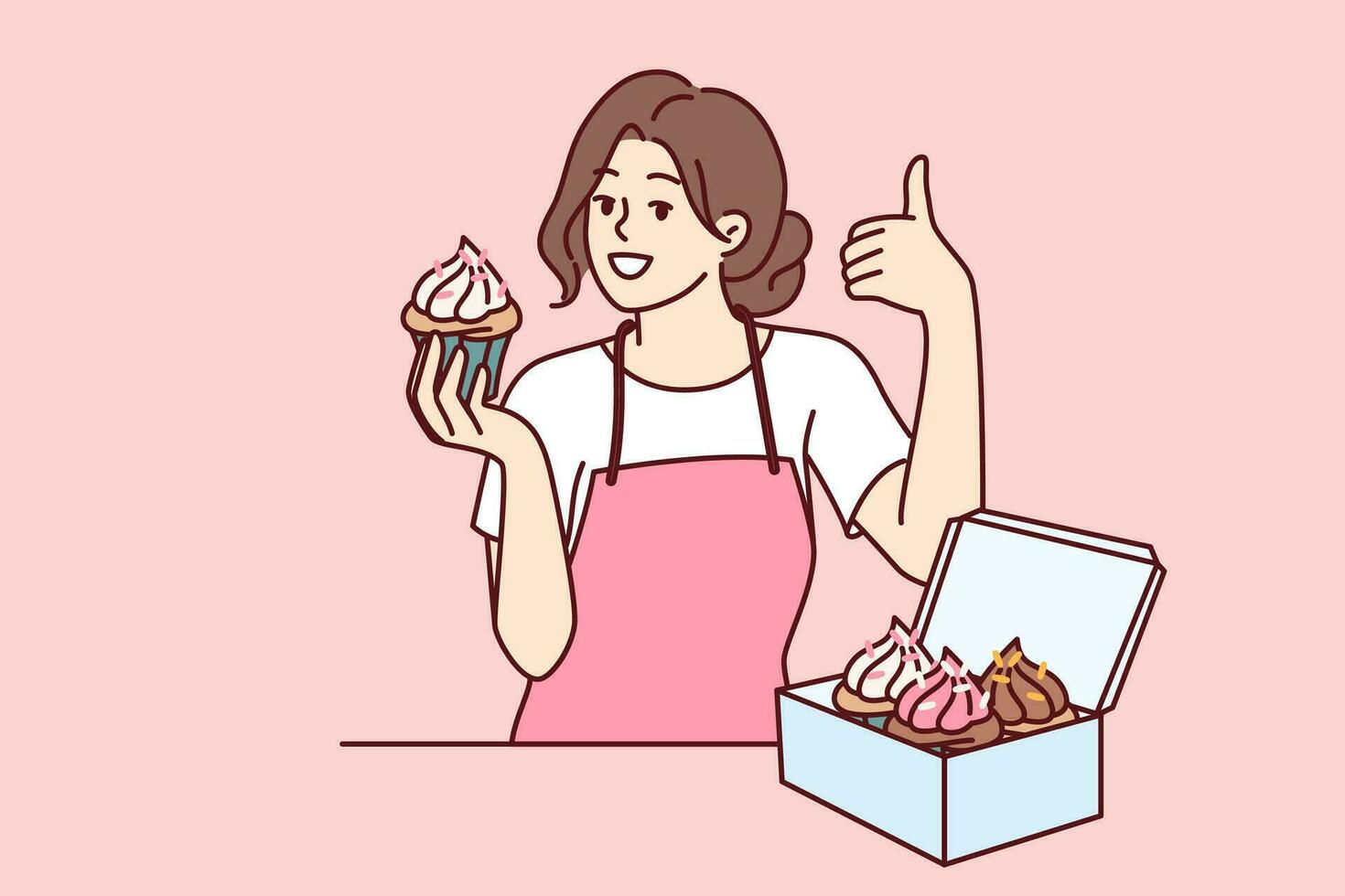 Woman pastry chef holding cupcake and showing thumb up, standing near box of muffins or desserts. Buttercream cupcake in hands of girl who works in bakery and invites visitors to try sweet cakes. vector