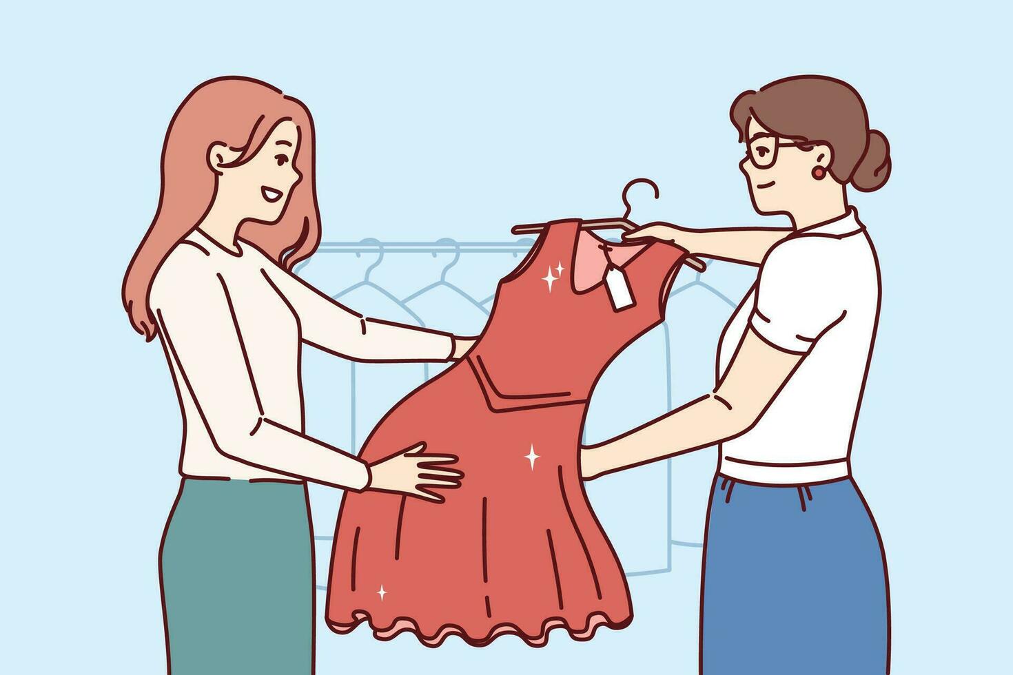 Woman picks up dry-cleaner dress standing in laundry room next to employee demonstrating cleaned clothes. Happy girl visitor to boutique, buys red evening dress for going to party. vector