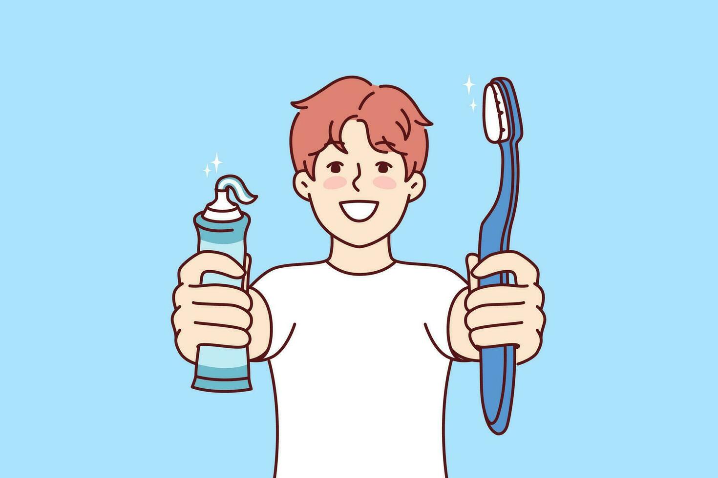 Little boy holds toothpaste and toothbrush showing snow-white smile and recommending brushing teeth regularly. Child independently monitors health of own teeth in order to get rid of caries vector