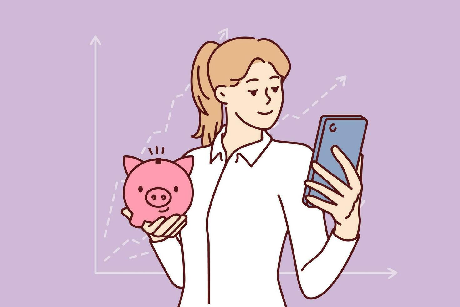 Woman accountant with piggy bank and phone is standing near financial chart calling to start investing. Girl accountant conducts audit of savings and monitors amount of dividends through smartphone vector