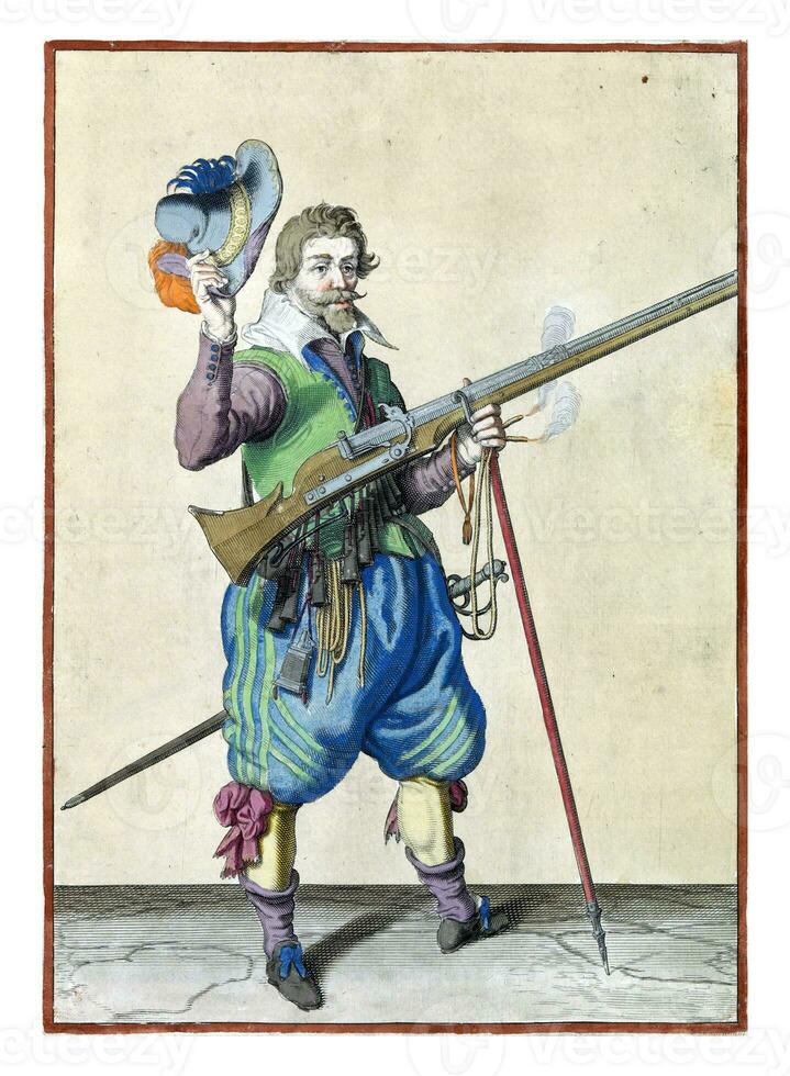 Soldier on guard holding his musket with his left hand at his right side pointing upwards, while taking off his hat with his right hand photo