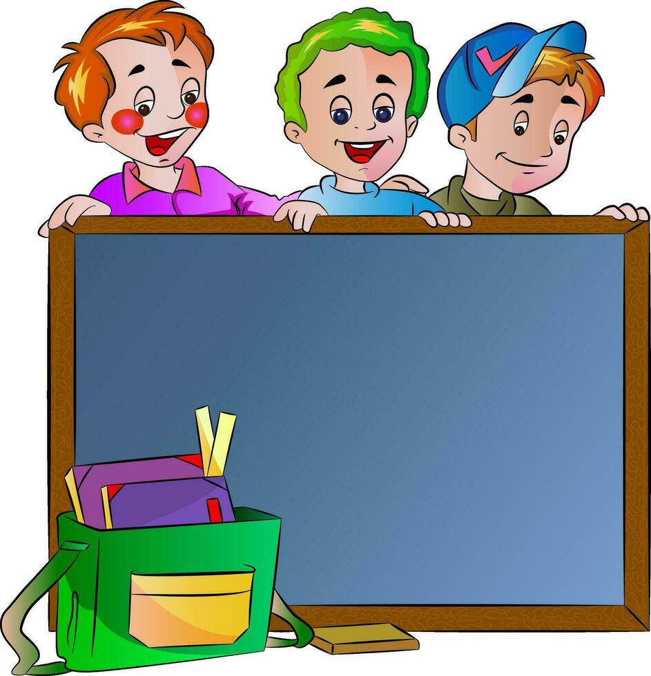 Three Boys Standing Behind a Chalk Board, illustration vector