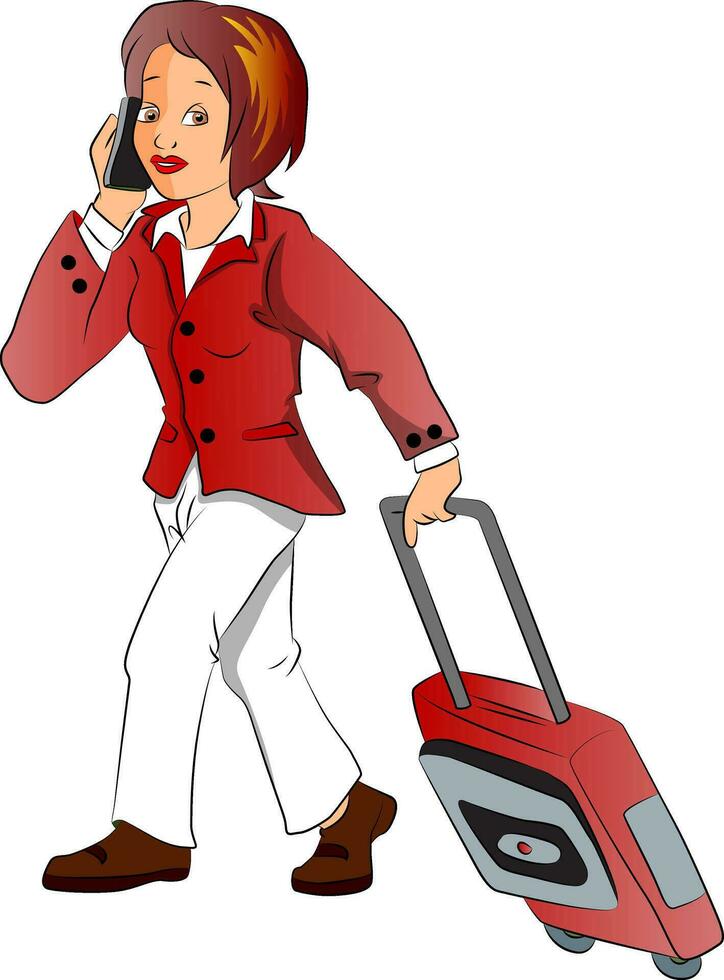 Vector of businesswoman talking on phone while pulling luggage.