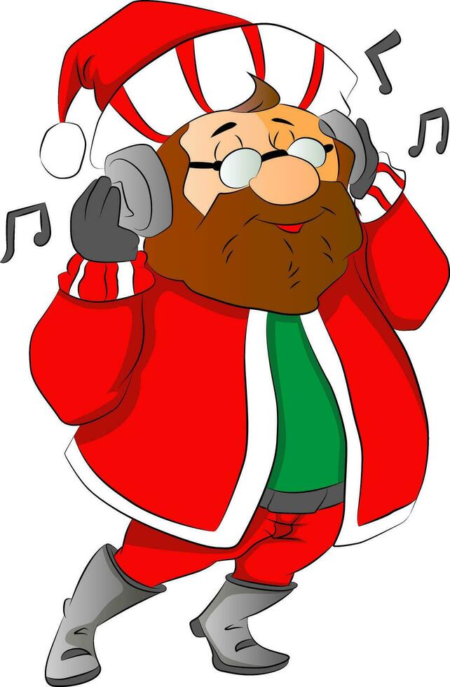Vector of man wearing santa hat listening to music on headphones.