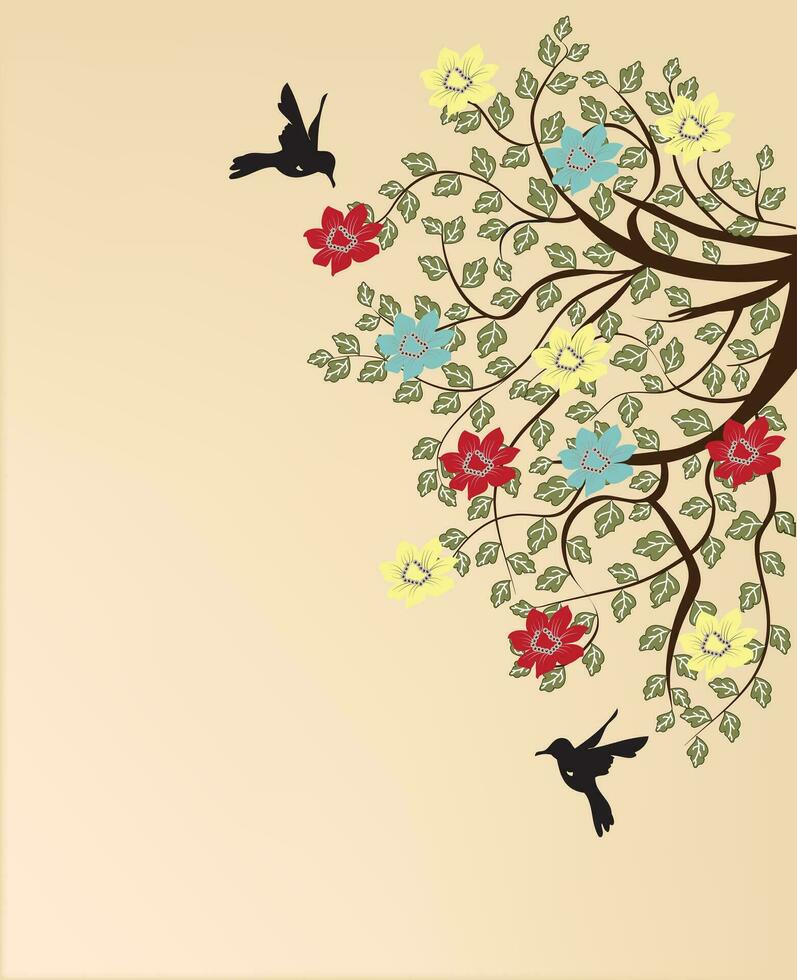 Tree branch with leafs and flowers vector