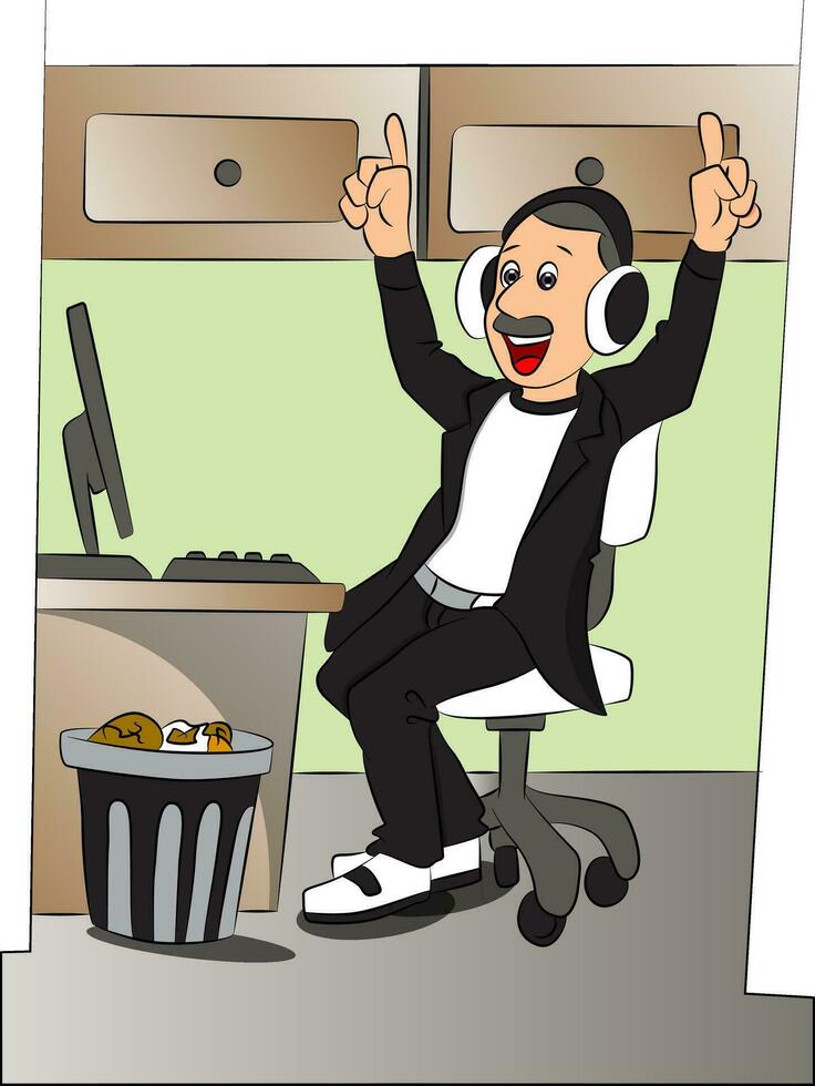 vector de hombre escuchando a música en auriculares a oficina.