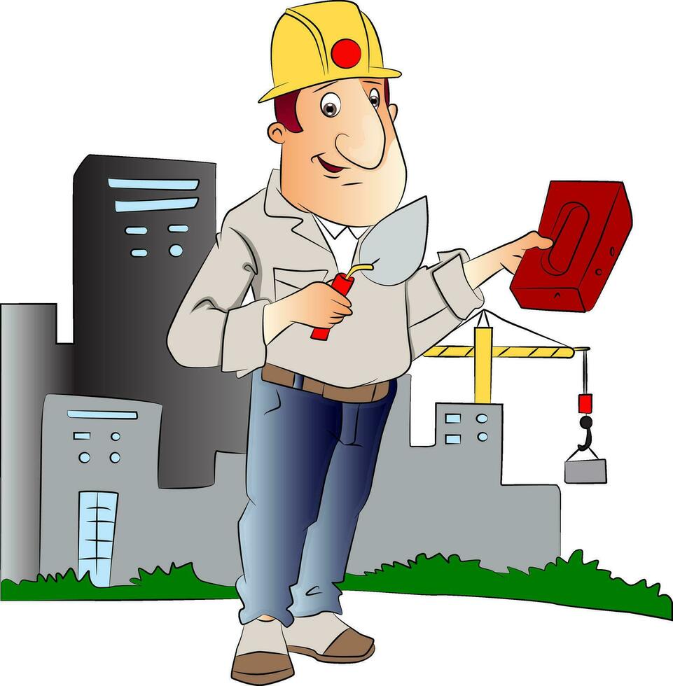 Vector of man with trowel and brick in front of a building.