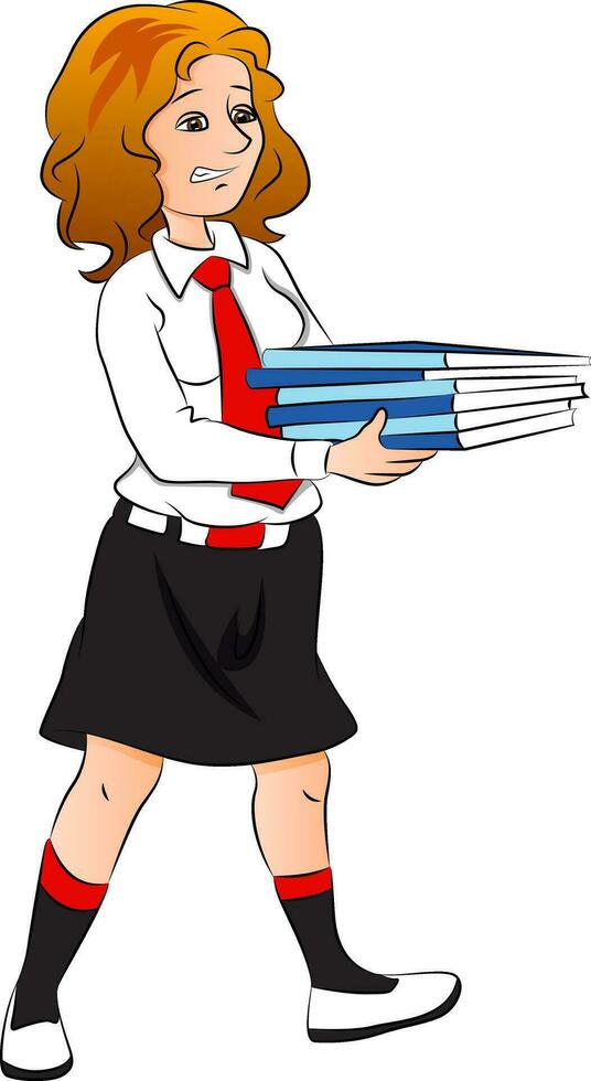 Vector of unhappy girl holding stack of books.