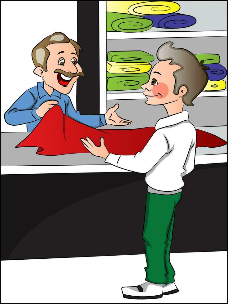 Vector of shopkeeper helping customer to choose clothes.