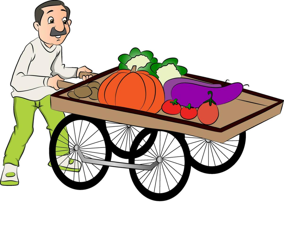Vector of vendor pushing vegetable cart.