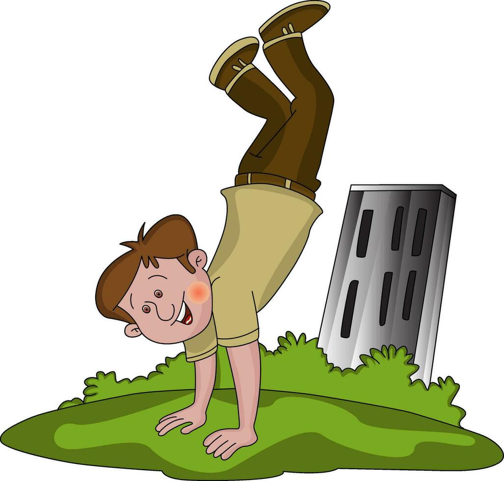 Vector of happy boy doing handstand.
