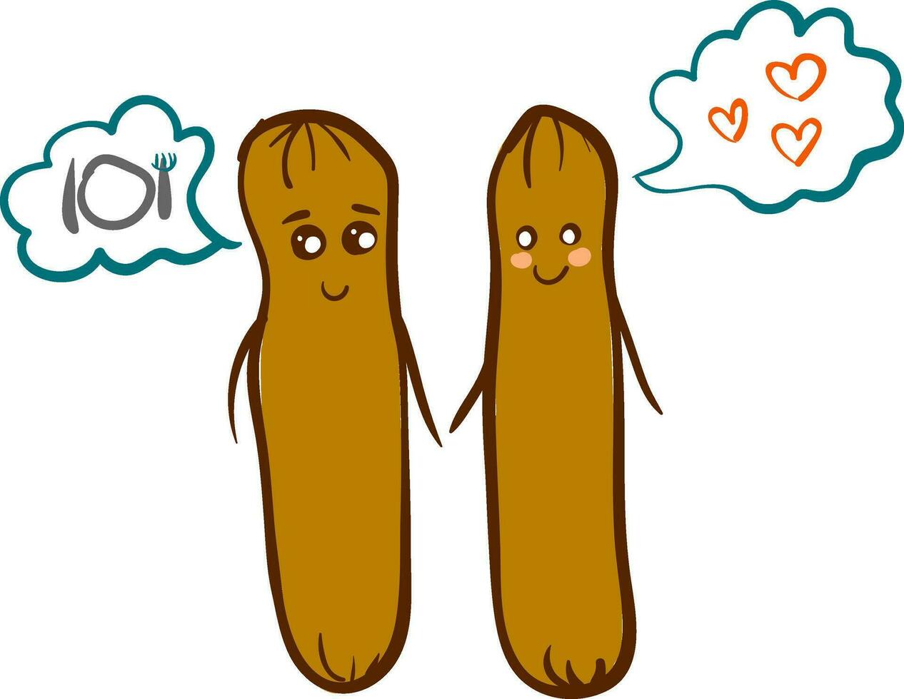 Simple cartoon of two thinking sausages vector illustration on white background.