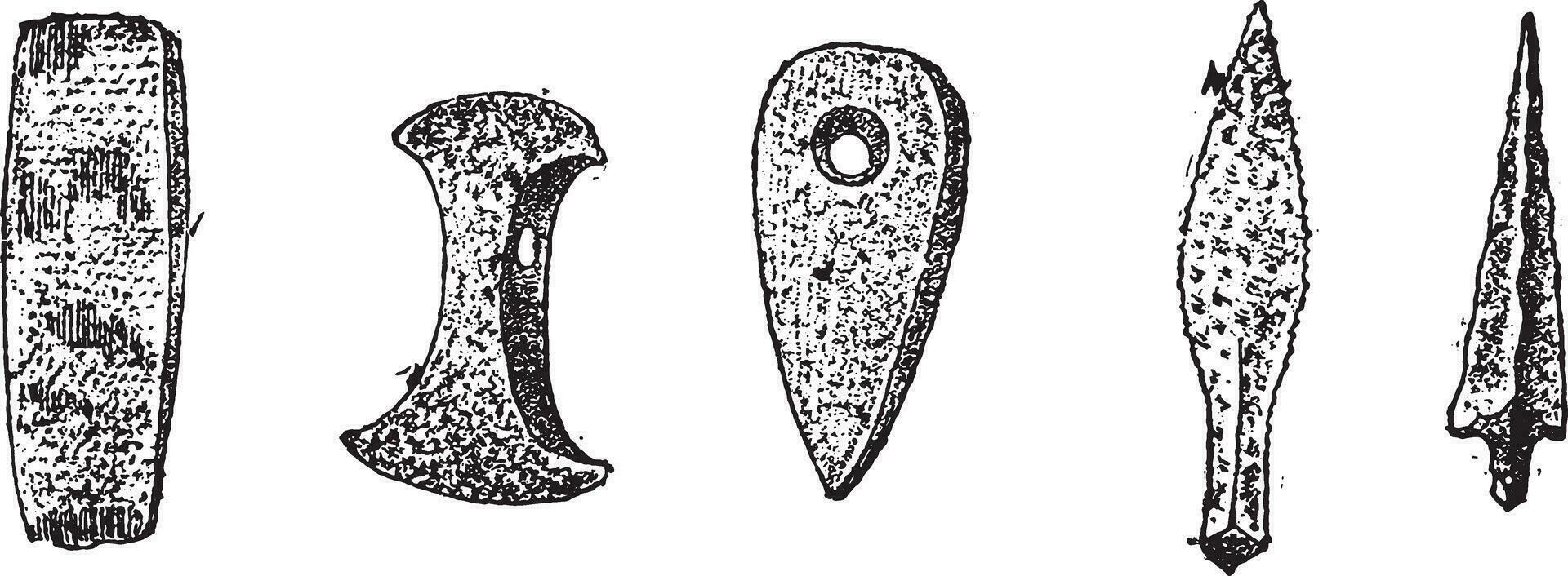 armas y herramientas en pulido piedra, depósitos de Dinamarca, Clásico grabado. vector