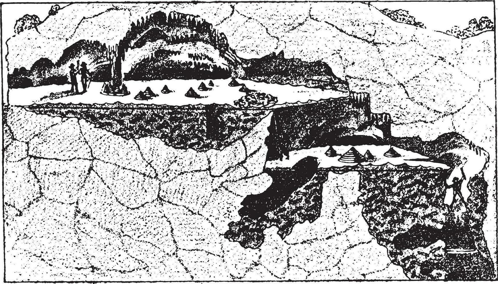 Cutting the cave bones Gailenreuth, in Bavaria, vintage engraving. vector