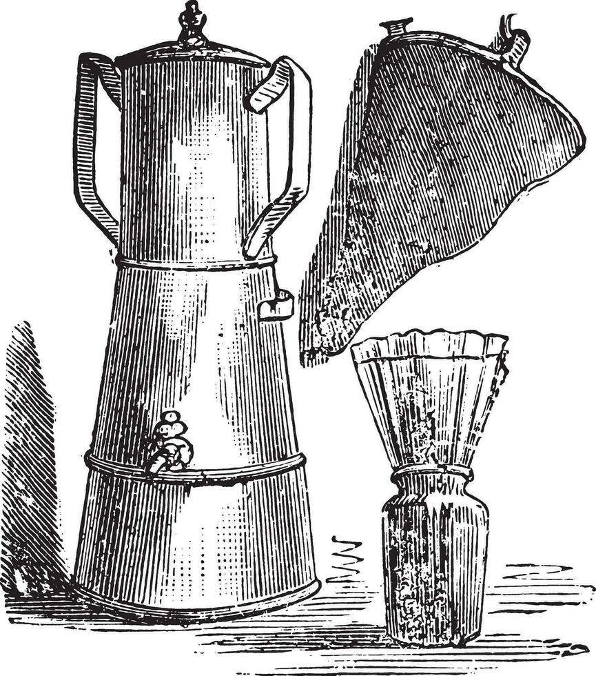 Filter coffee filter paper placed on a jar ordinary shoes, vintage engraving. vector