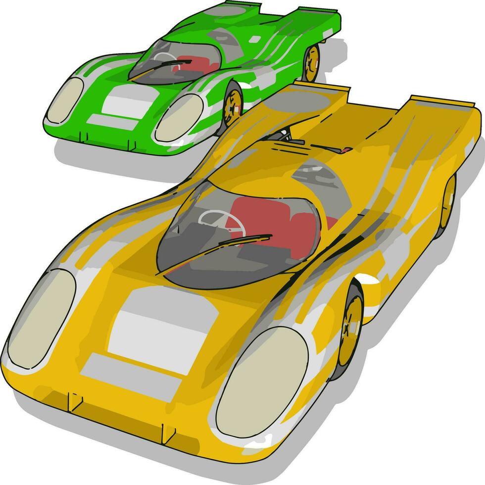 Coche de carreras verde y amarillo, ilustración, vector sobre fondo blanco.