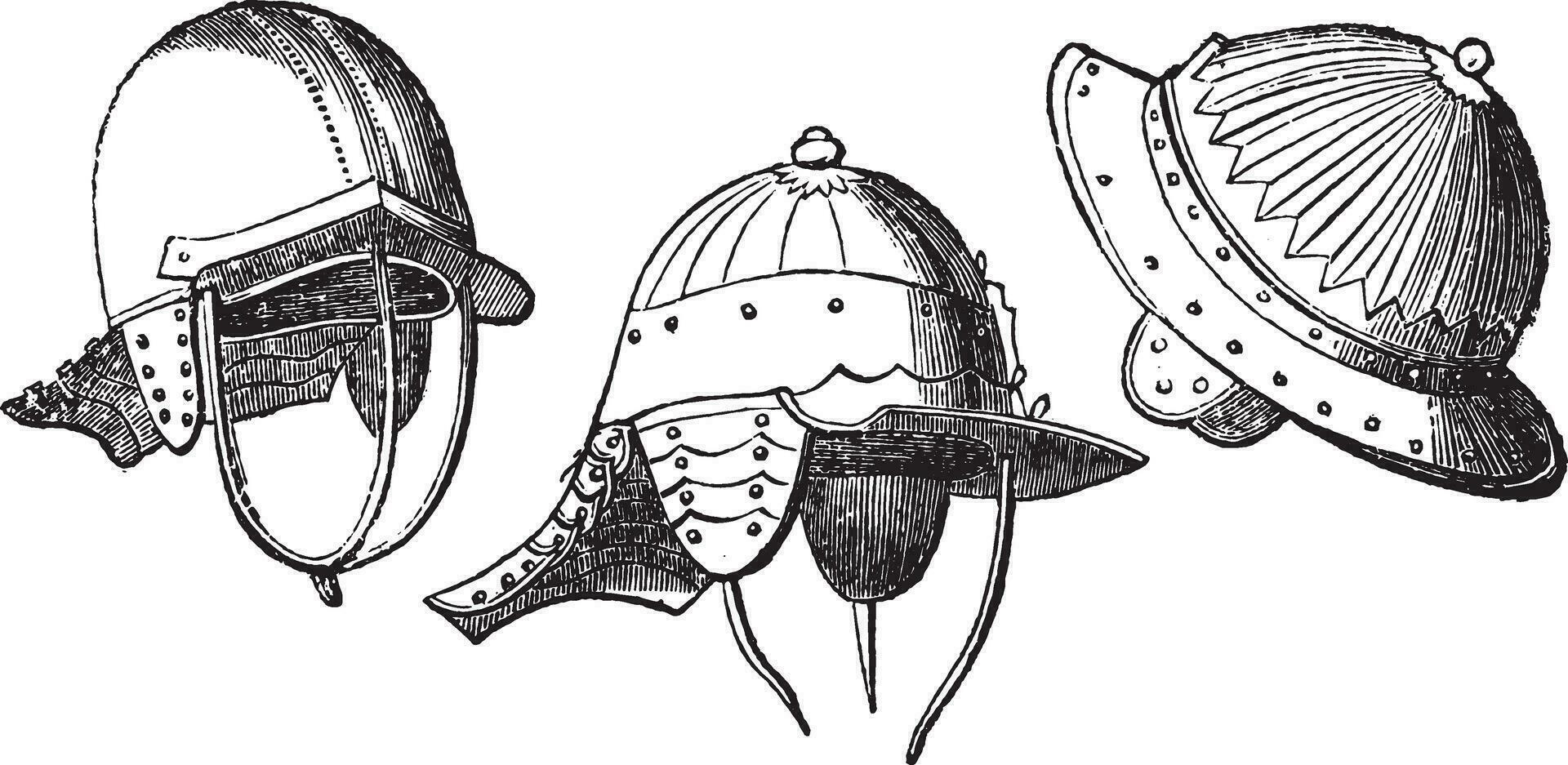 Helmets of Cromwell's time, vintage engraving. vector