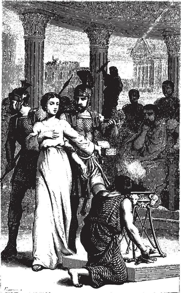 Blandine refuses to sacrifice to idols, vintage engraving. vector