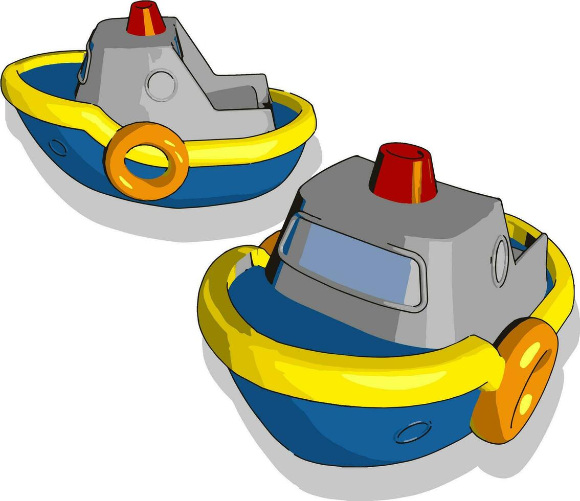 Dos pequeños barcos azules de juguete, ilustración, vector sobre fondo blanco.