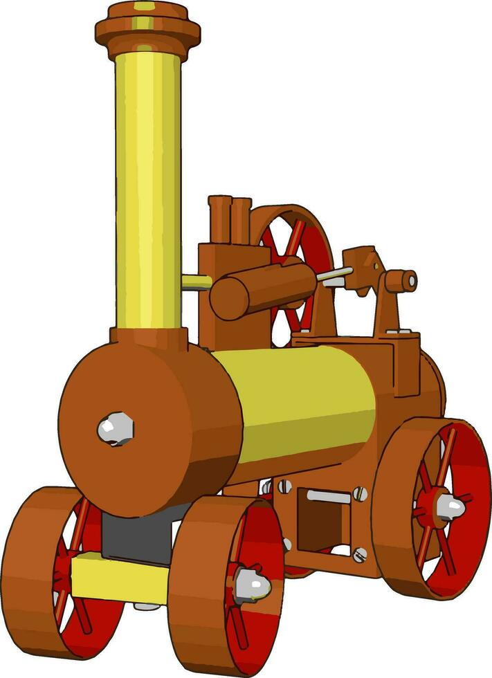 3D vector illustration of brown and yellow steam engine machine on white background
