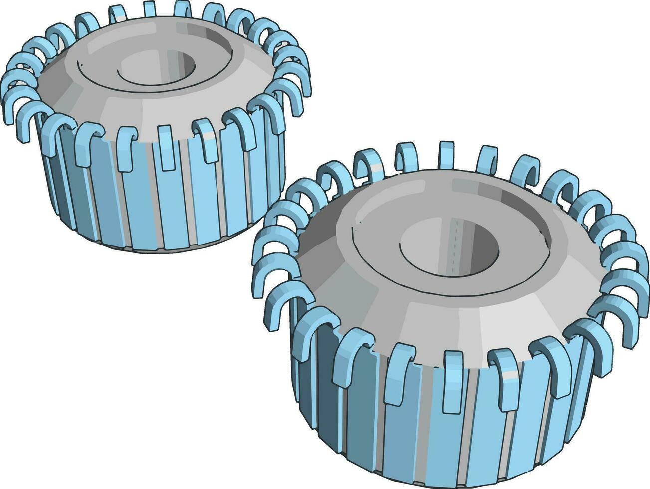 3D vector illustration on white background of two  blue and grey gear wheels